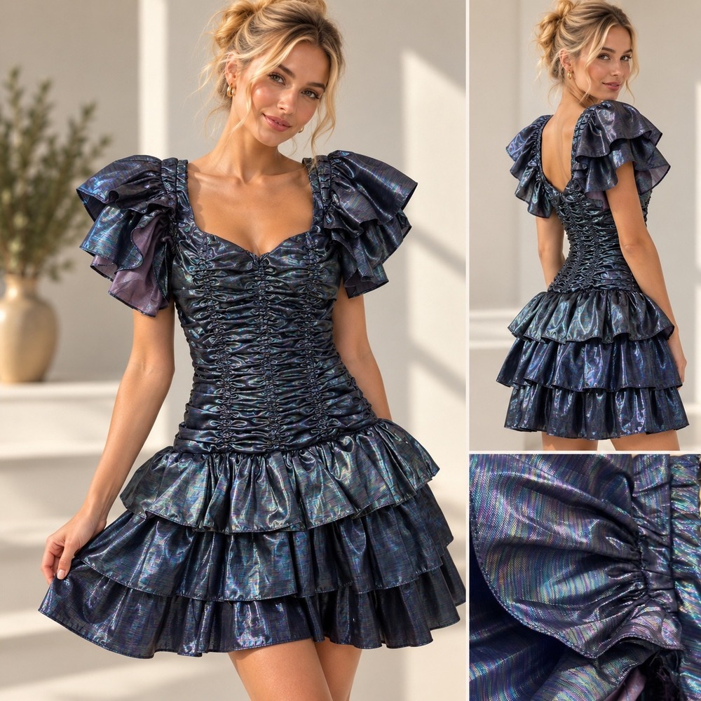 Vintage 90s Iridescent Ruched Ruffle Mini Dress Y2K Party Prom XS SONY